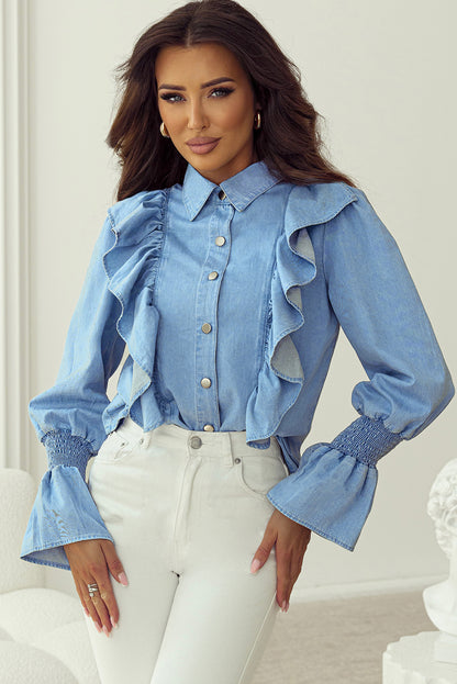 Myosotis Chambray overhemd met ruches en gesmokte manchetten