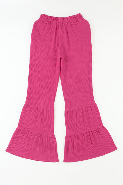 Roze getextureerde Bell Bottom-broek met hoge taille en ruches