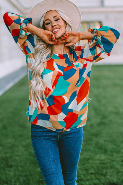 Multicolor Abstract Pattern Crewneck Ruffled Puff Sleeve Blouse