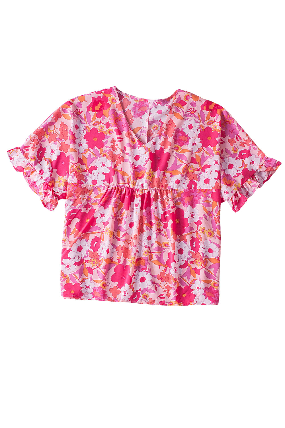 Roze bloemenprint gegolfde babydollblouse met halve mouwen en grote maten