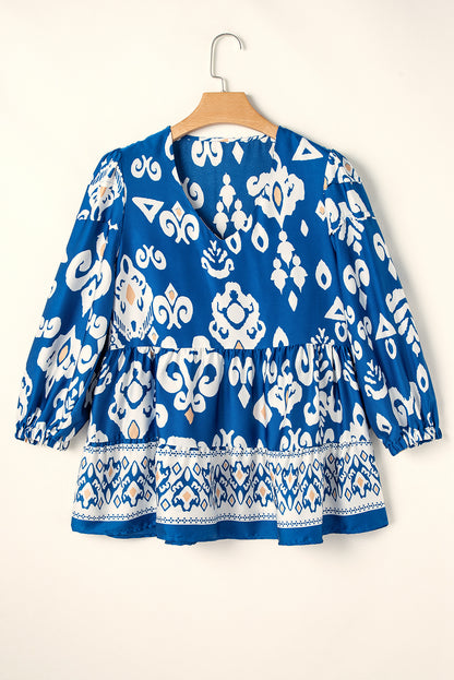 Blue Tribal Geometric Print 3/4 Sleeve Flowy Fit Blouse