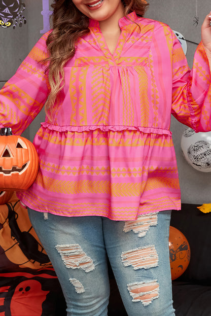 Vitality Orange Plus Size Geometrisch Geborduurd Bell Sleeve Babydoll Blouse