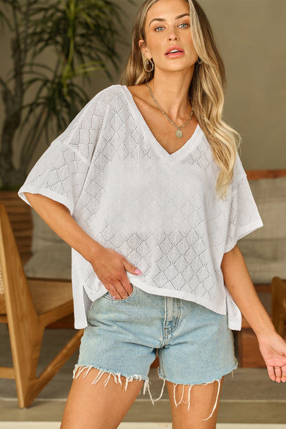 Witte v-hals gebreide flowy blouse