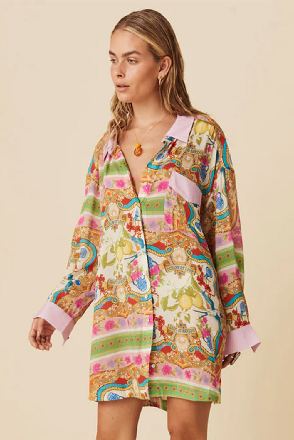 Multicolour Boho Floral Print Buttoned Long Sleeve Shirt Dress