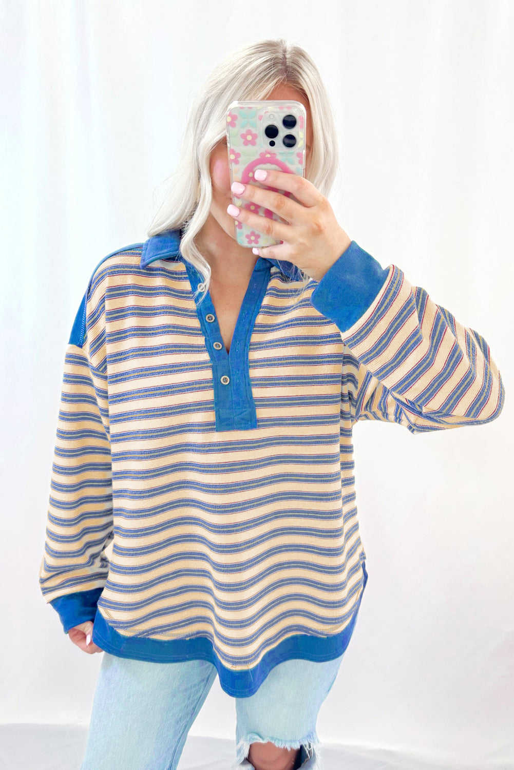 Blue Stripe Buttoned V Neck Collared Drop Shoulder Top