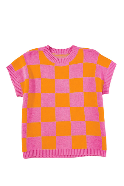 Aardbeienroze colorblock geruite tanktop met geribbelde rand