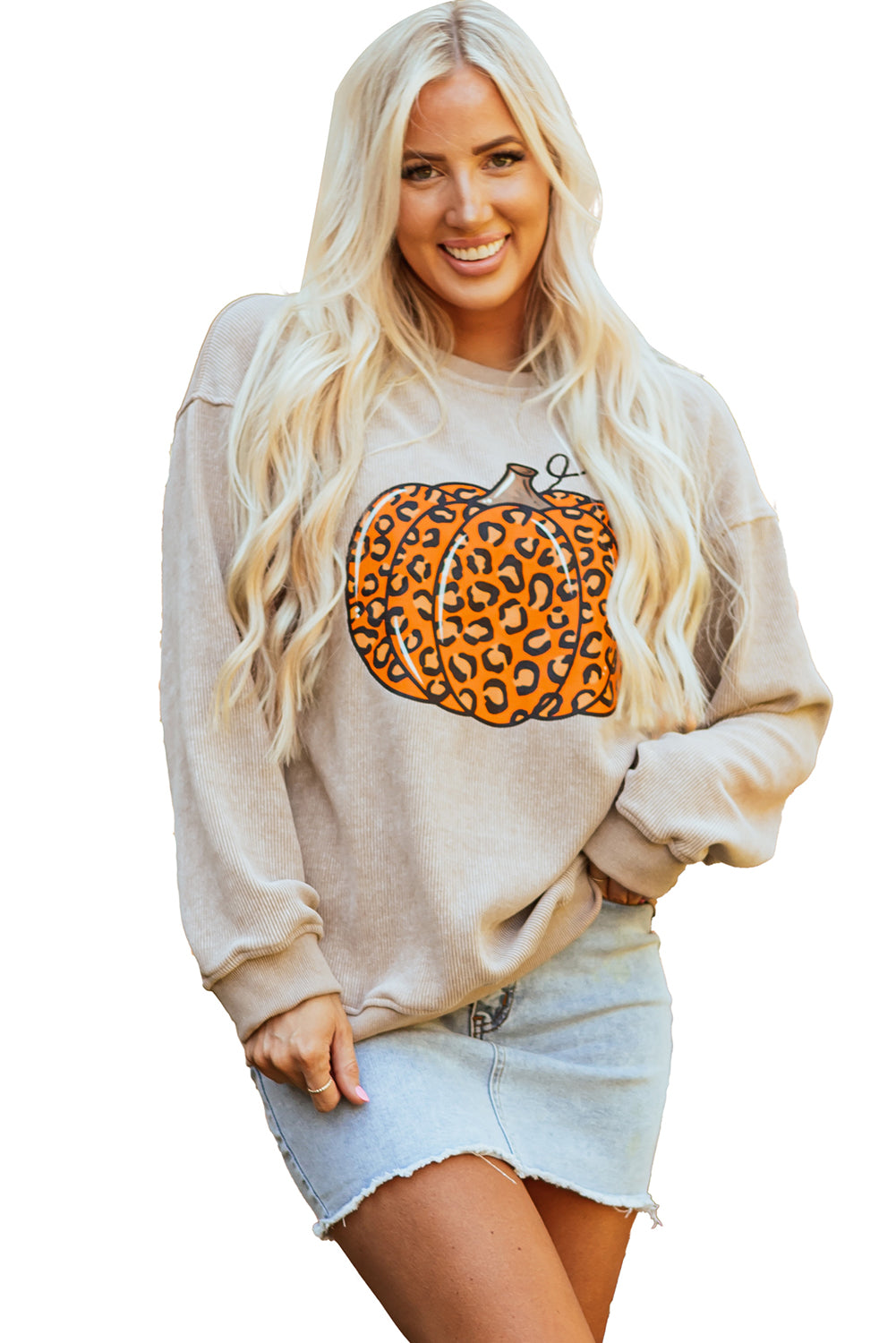 Khaki Halloween Luipaard Pompoen Grafische Corded Sweatshirt