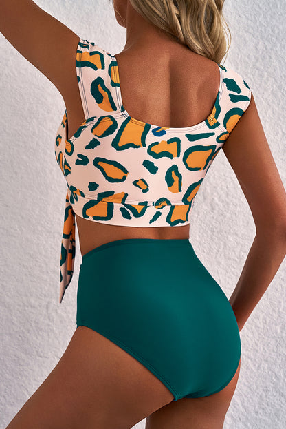 Groene luipaardprint u nek geknoopte hoge taille bikini set