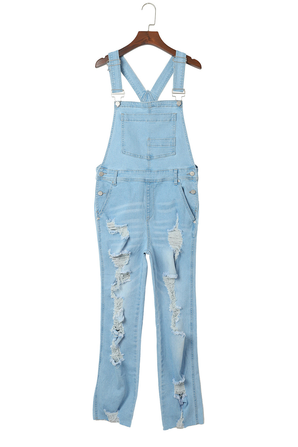 Hemelsblauw geconstrueerde noodlijdende denim overall met borstzak