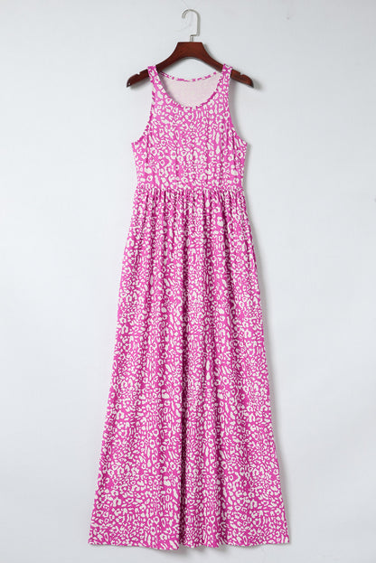 Mouwloze maxi-jurk met roze luipaardprint en zakken