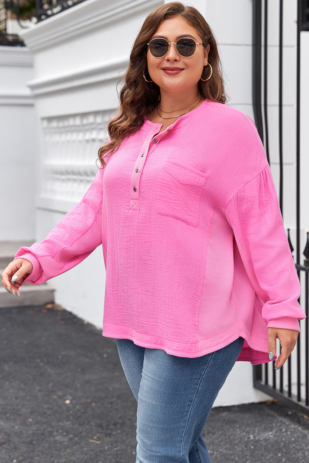 Bonbon Half Buttons Borstzak Drop Sleeve Plus Size Top