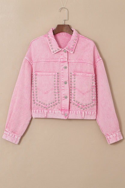 Roze denim jack met klinknagels en studs