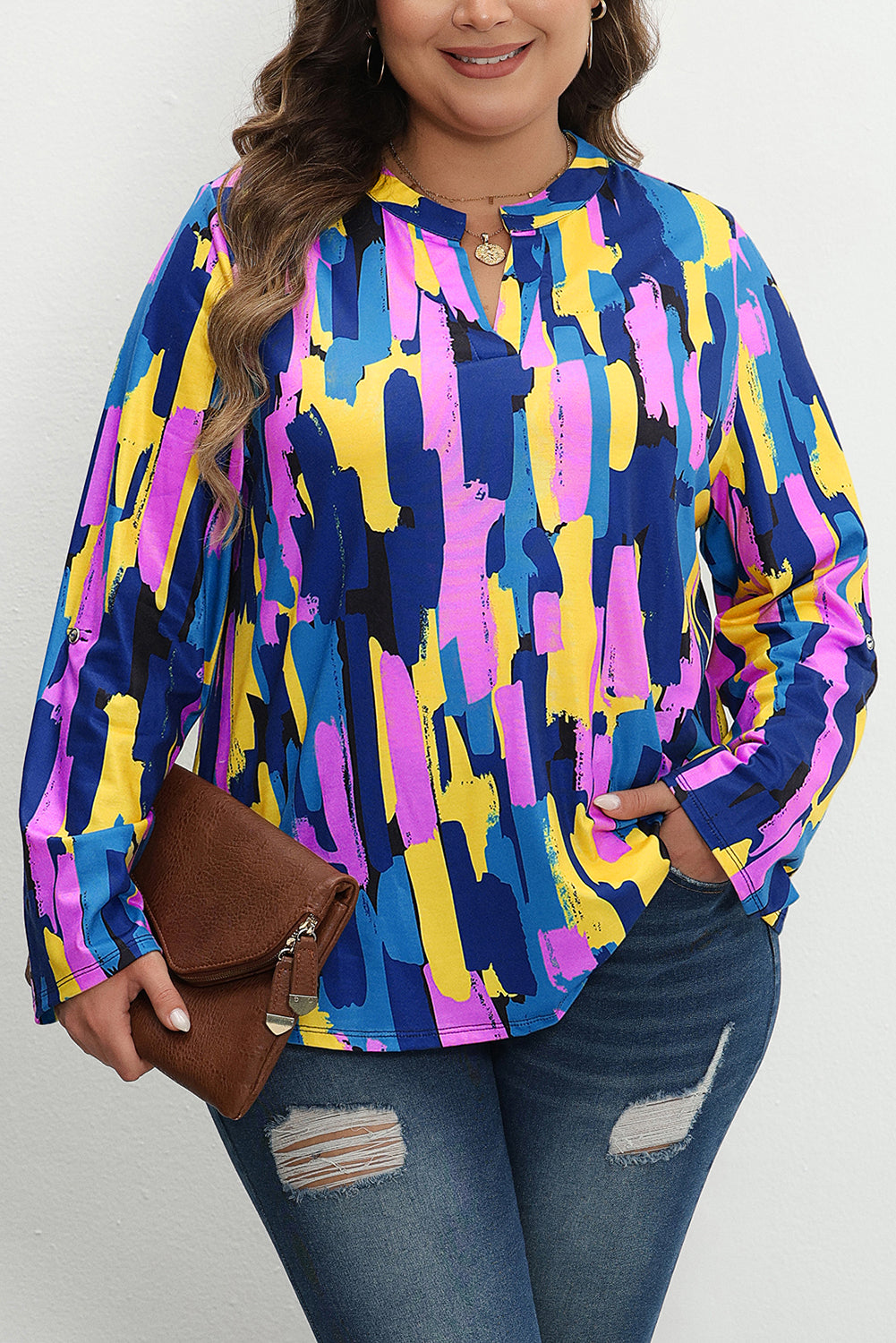 Blauwe grote maat blouse met penseelstreekprint en 3/4 mouwen