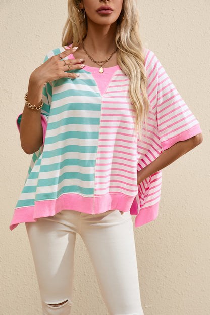 Oversized T-shirt met roze strepen en contrasterende patchwork