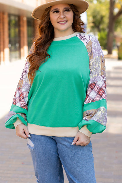 Sky Blue Plus Size Plaid Floral Patchwork Raglan Sleeve sweatshirt