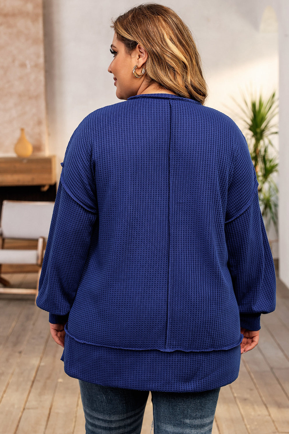 Blauw Grote maten wafelgebreide oversized top met zichtbare naden