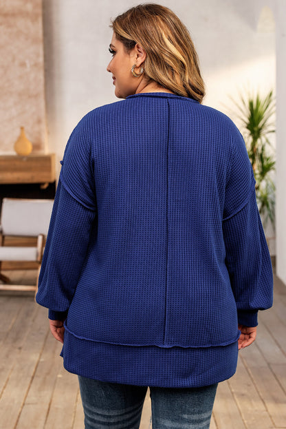 Blauw Grote maten wafelgebreide oversized top met zichtbare naden