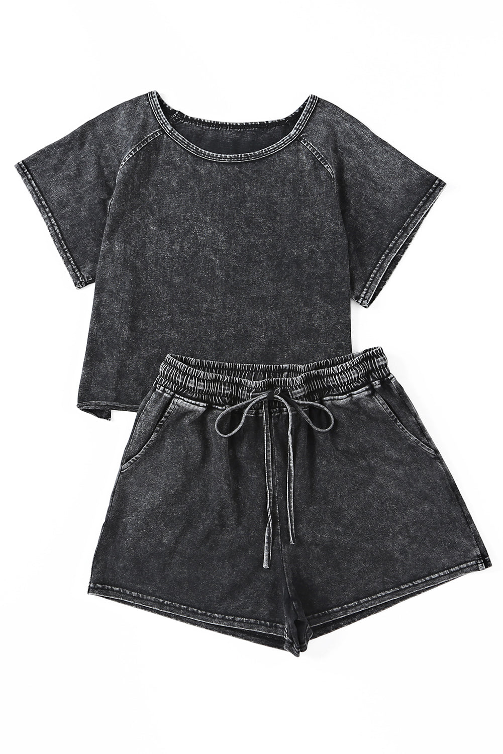 Black Acid Washed Short Lounge Set