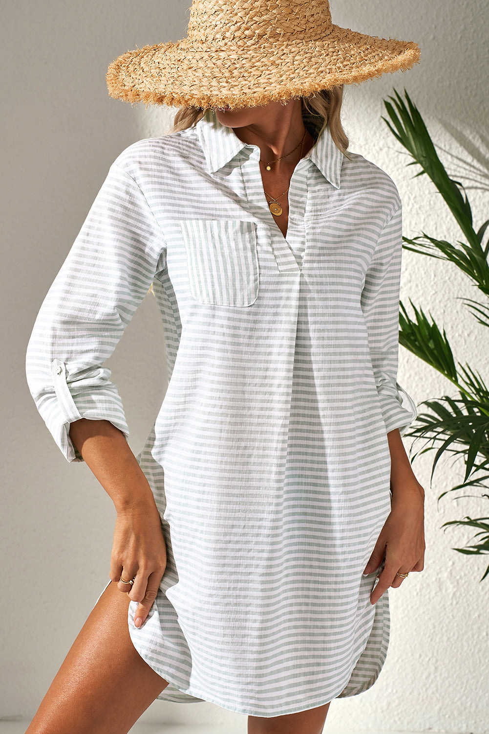 Witte streep Collared v Neck Borst Pocket Lange Mouw Beach Cover Up