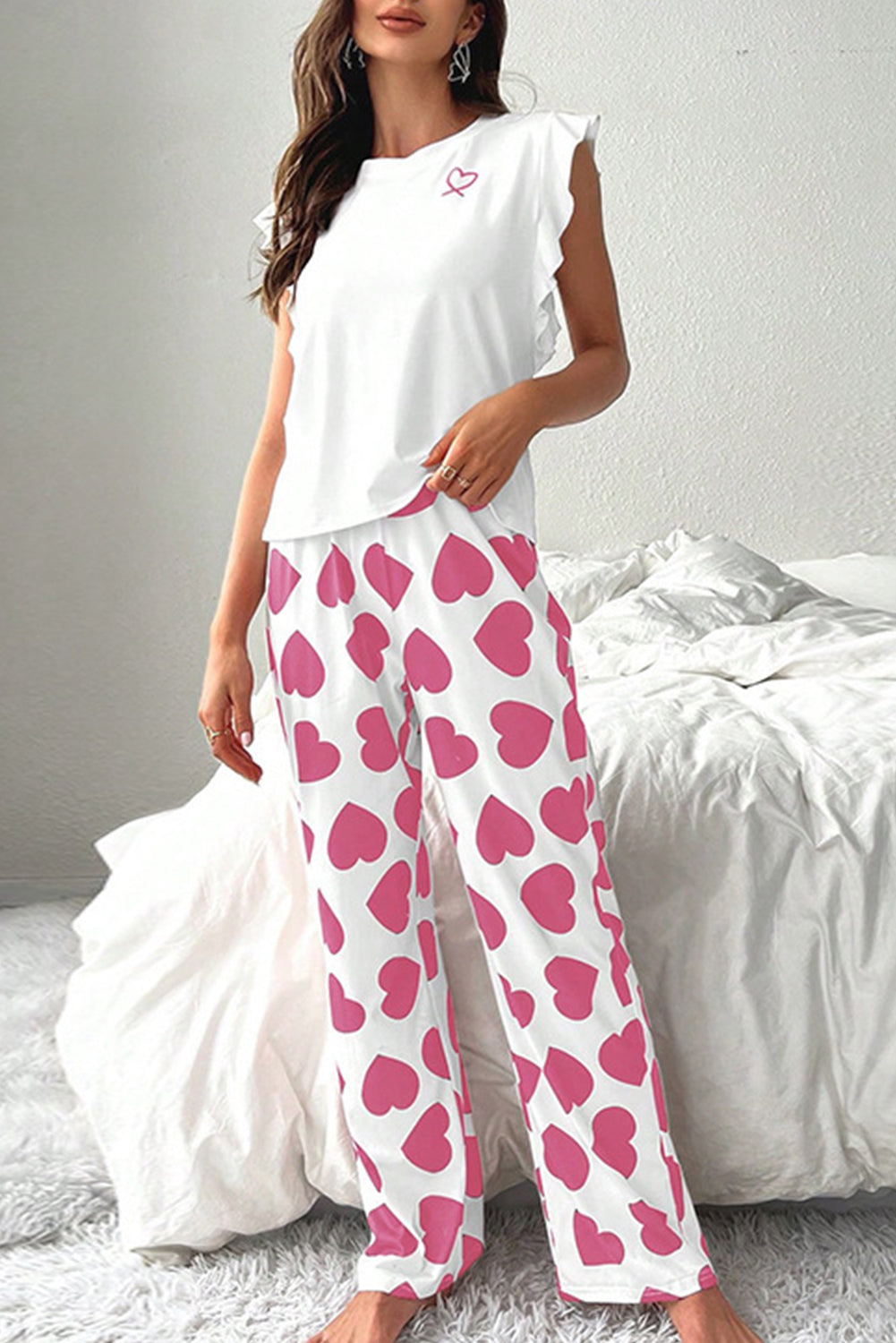 Roze gegolfde tanktop en hartprint broek lounge set