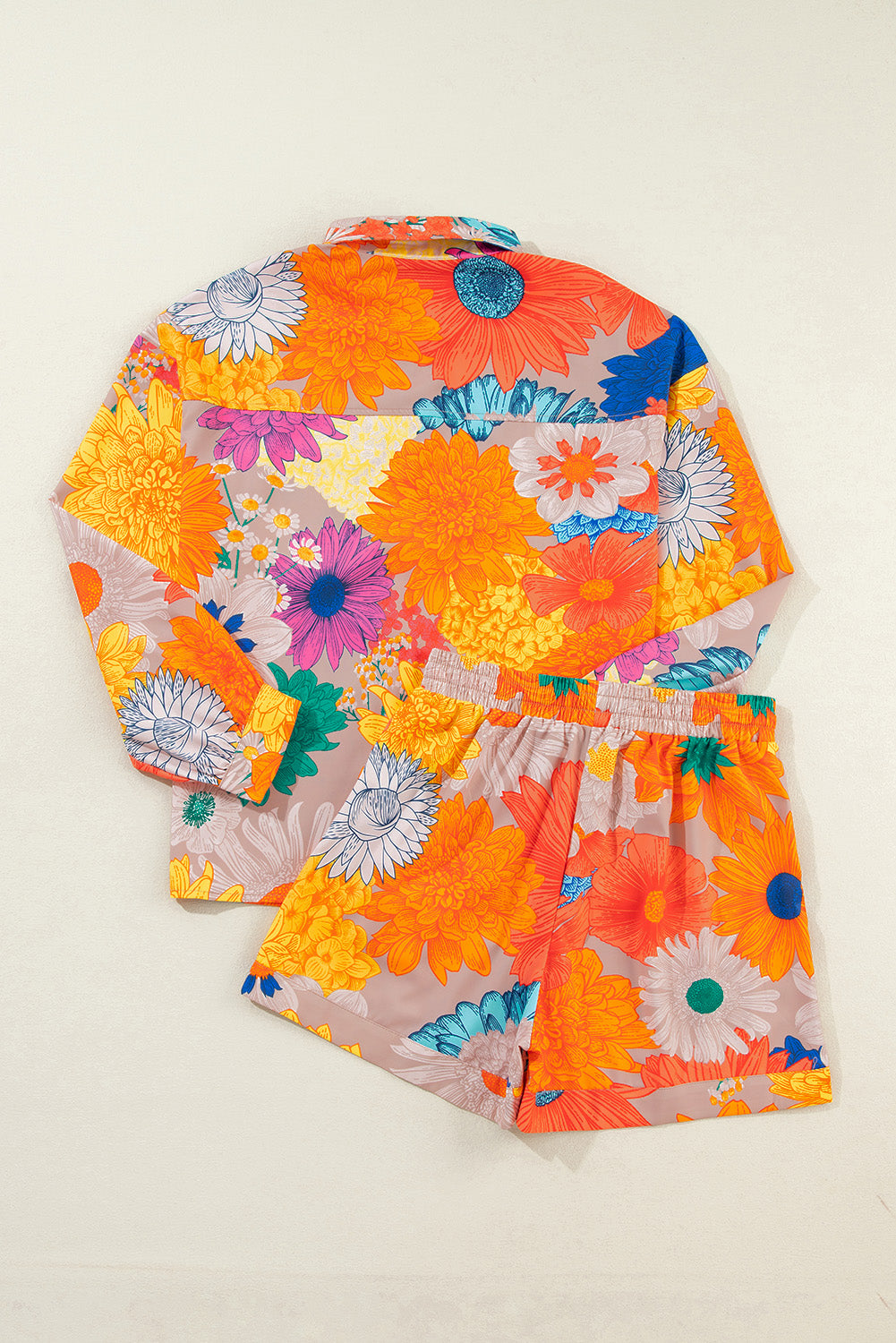 Oranje bloemenprint shirt tweedelige set met trekkoord shorts