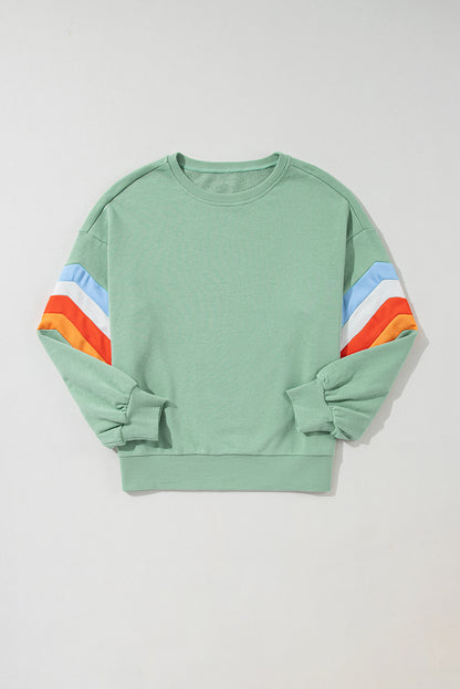 Moonlight Jade Regenboog Gestreepte Mouw Ronde Hals Losse Sweatshirt