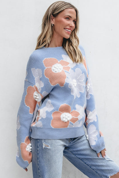 Beau Blue Floral O Neck Drop Schouder gebreide trui