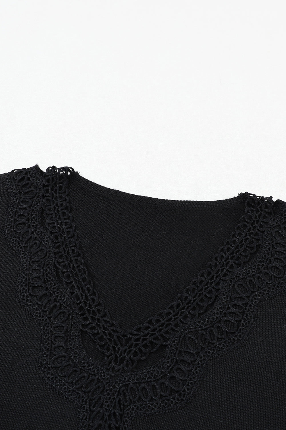 Black Hollowed Lace Splicing V Neck Loose Sweater