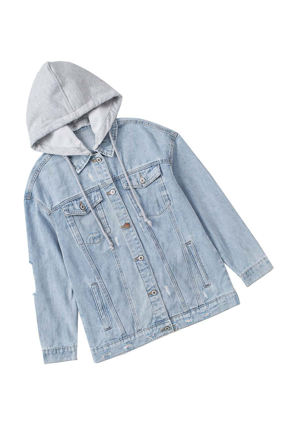 Hemelsblauw denim jack met knoopsluiting en gescheurde capuchon