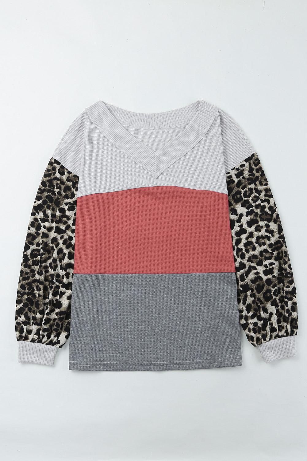 Fiery Red Wild Leopard Contrast Sleeve Colorblock Waffle Knit Top