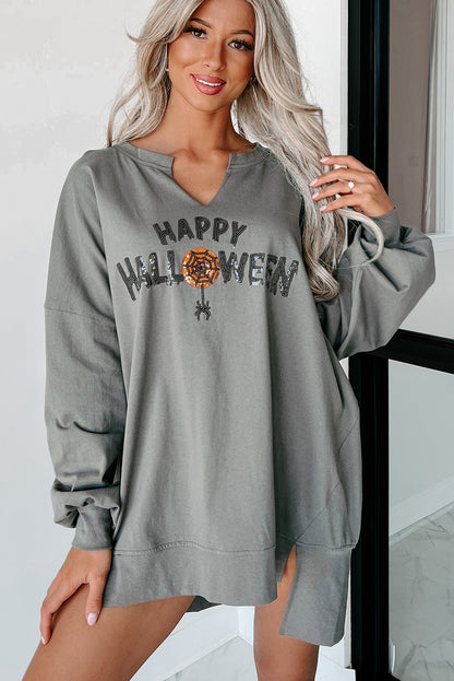 Medium grijs pailletten Happy Halloween Graphic Gotched Neck Long Sleeve losse top