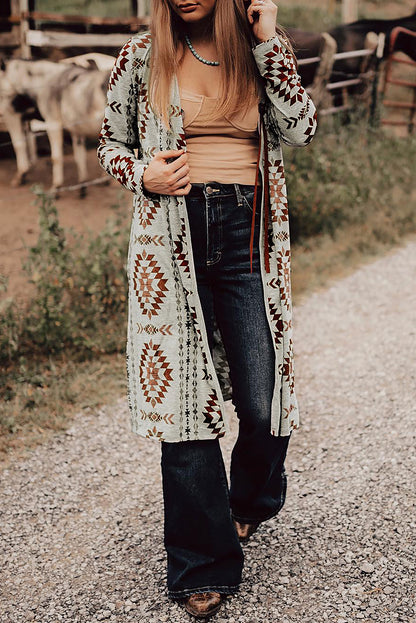 Brown Western Aztec Gedrukt Open Front Long Cardigan