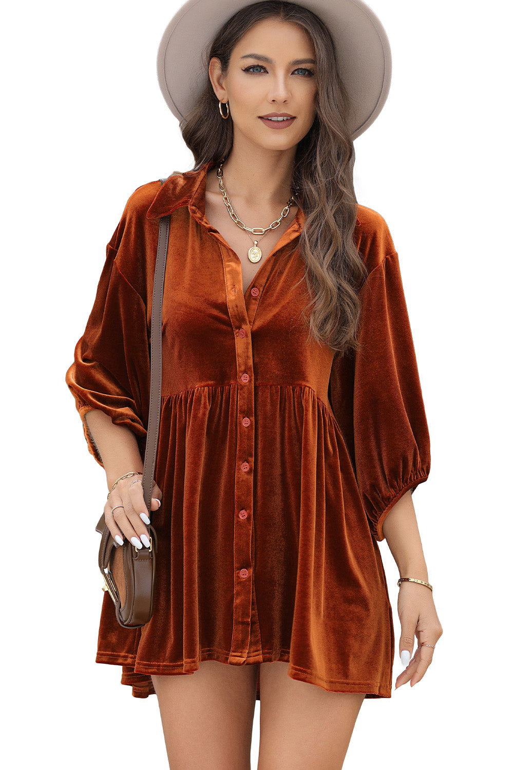 Chestnut 3/4 Sleeve Tunic Babydoll Velvet Shirt