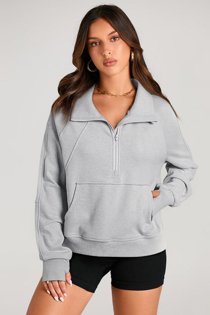 Moss Green Quarter Zip Stand Neck Kangaroo Pocket Sweatshirt