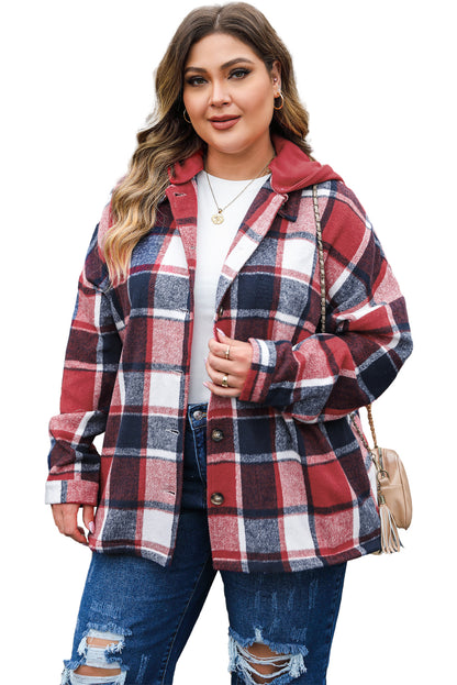 Rood bedrukt plus size geruit jack met capuchon en knopen