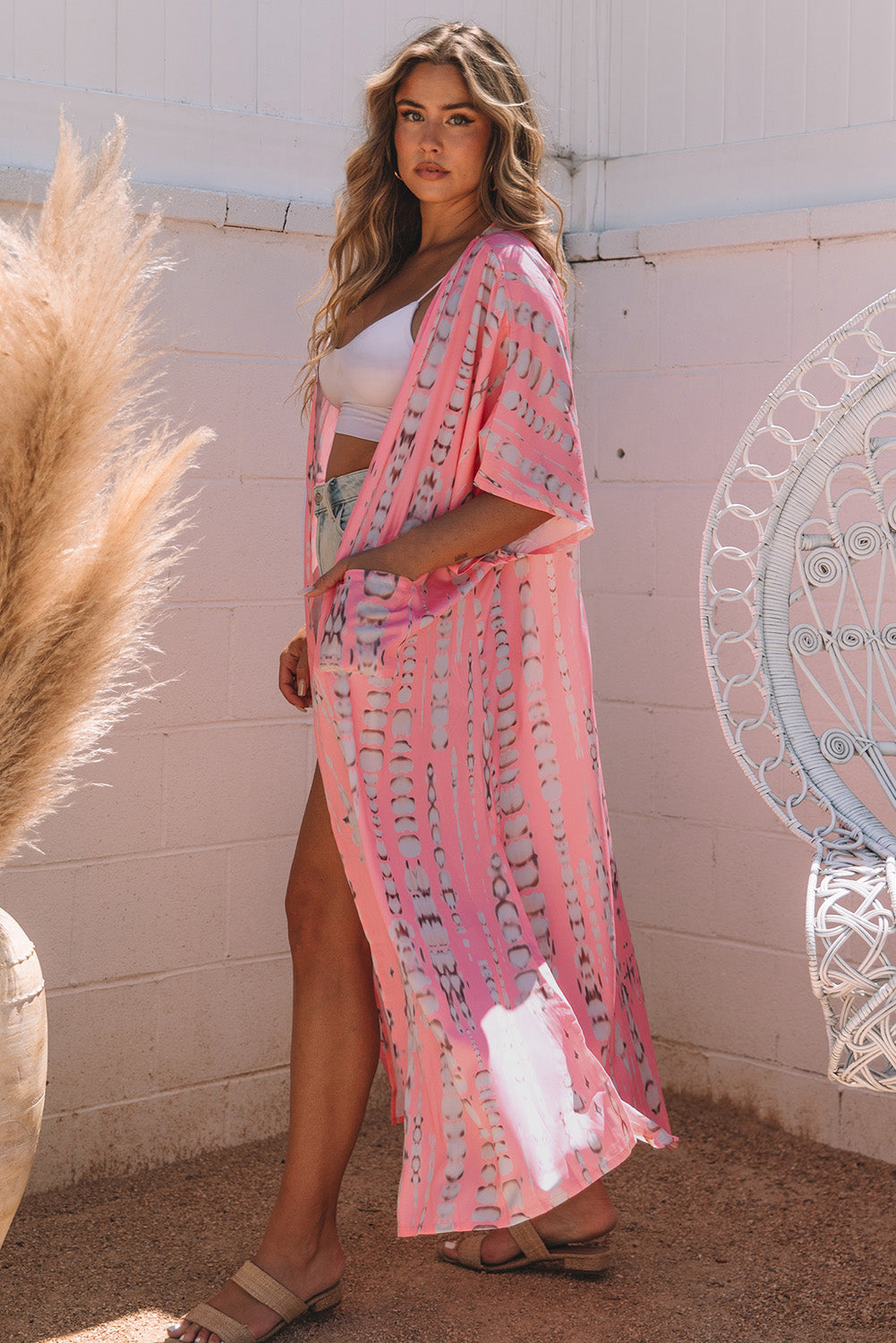 Roze Boheemse tie-dye oversized lange kimono