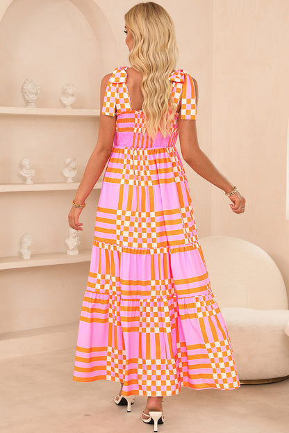 Roze Boho Gingham gebonden bandjes gesmokte maxi-jurk