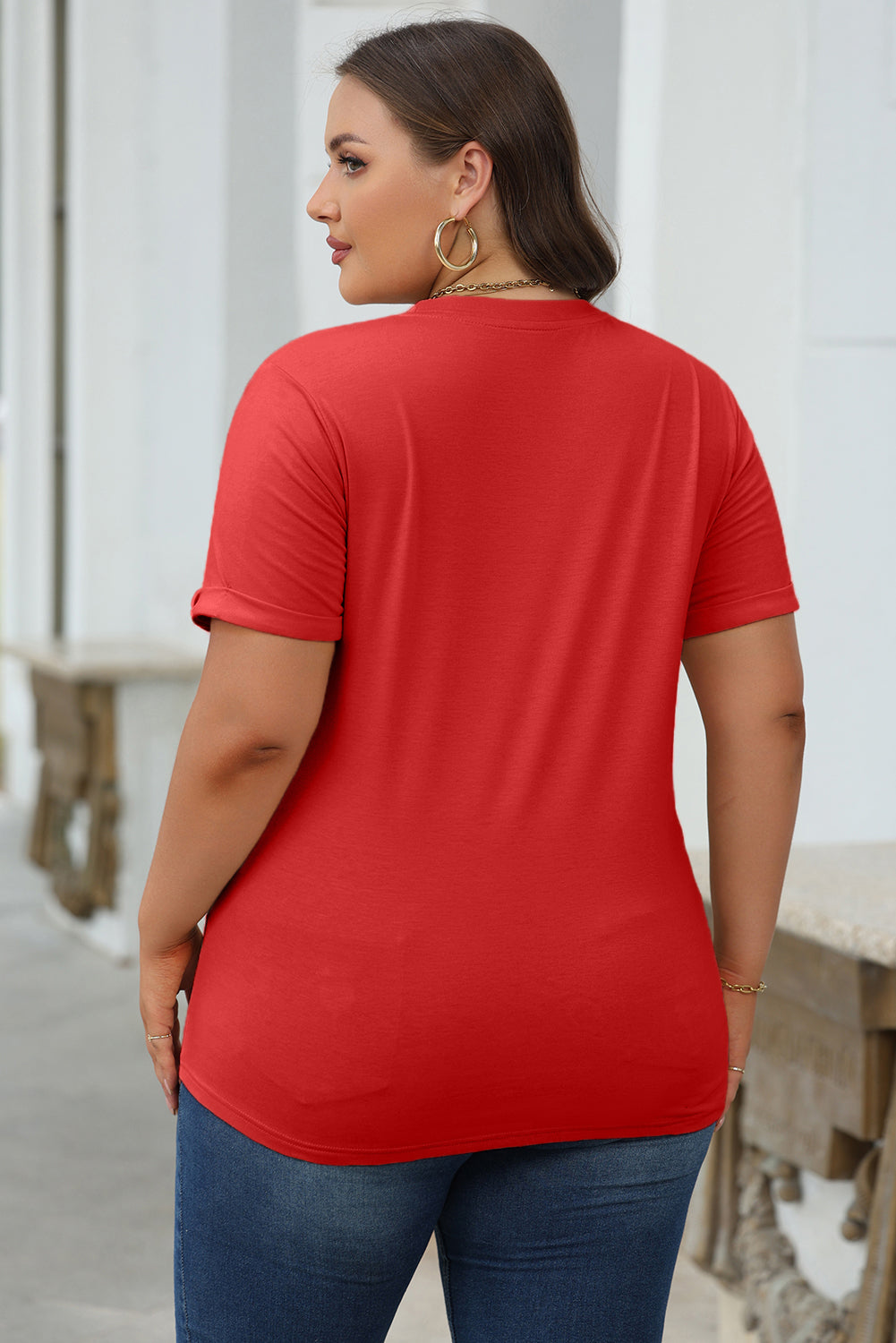 Red Casual Plain Crew Neck Tee