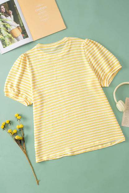 Yellow Stripe Short Puff Sleeve Plus Size Jumper