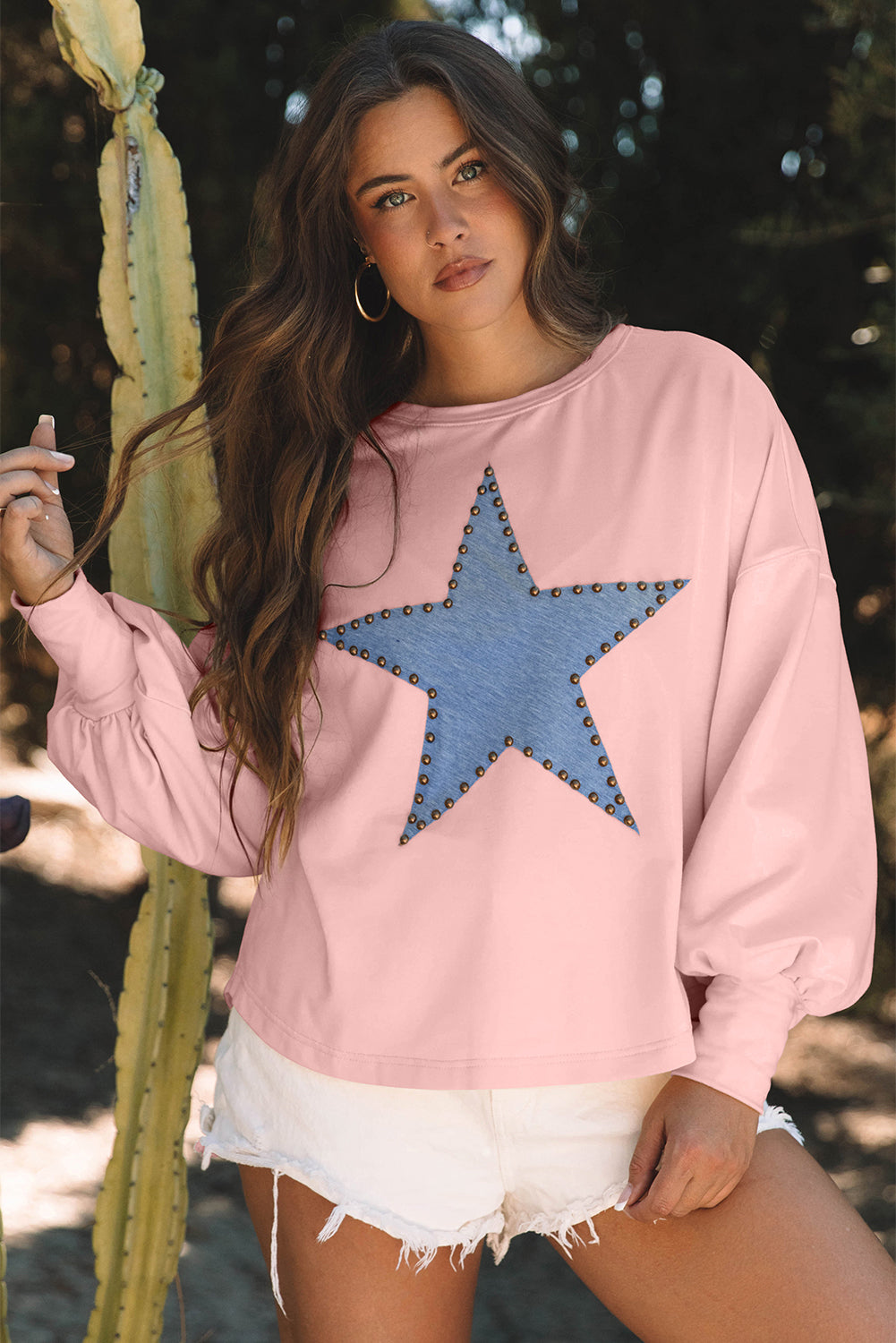 Gossamer Pink Studded Star Grafisch oversized top met lange mouwen