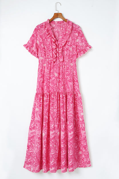 Roze paisley-print Boho Holiday gelaagde maxi-jurk met ruches