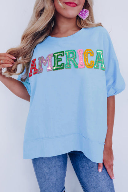 Mistblauw Sparkle America Pastel geborduurd grafisch T-shirt