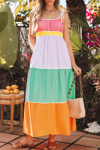 Multicolour colorblock zelfblokken riemen hoge taille flowy maxi-jurk met zakken