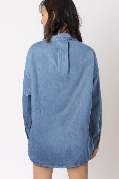 Beau Blue Solid Color Oversized Patched Pocket Button Buttoned Shirt