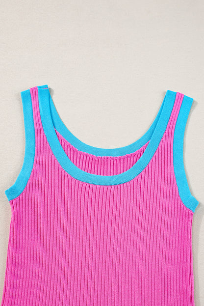 Felroze geribbelde tanktop met U-hals en colorblockrand