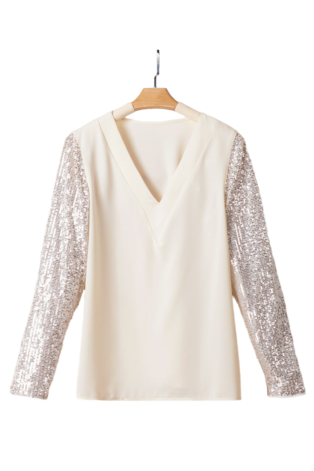 Witte blouse met pailletten en patchwork met V-hals