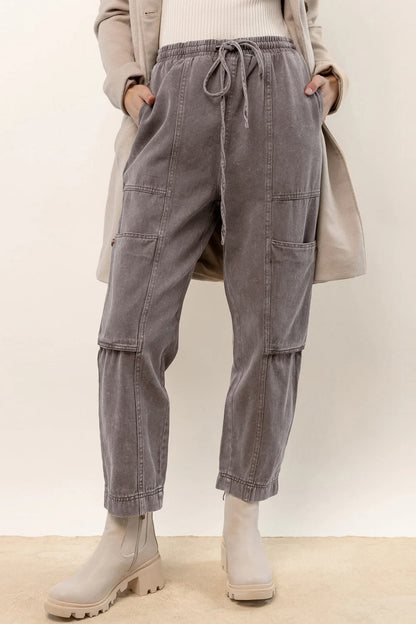 Gray Acid Wash Multi Pocket Drawstring Waist Pants