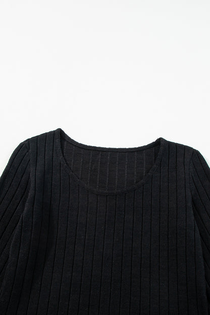 Black Ribbed Bishop Sleeve Round Neck Top