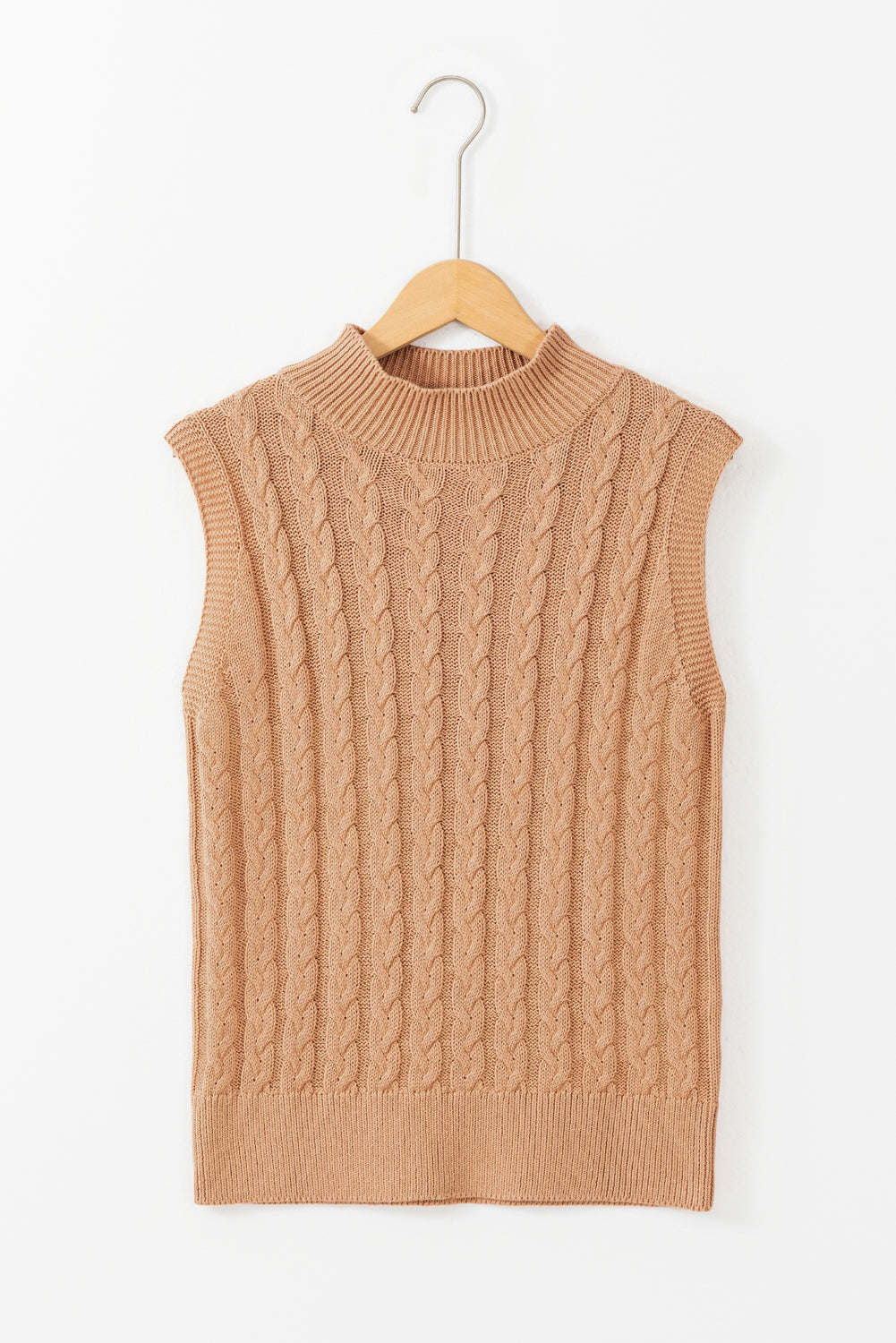 Licht Frans beige effen kabelgebreide tanktop met hoge hals