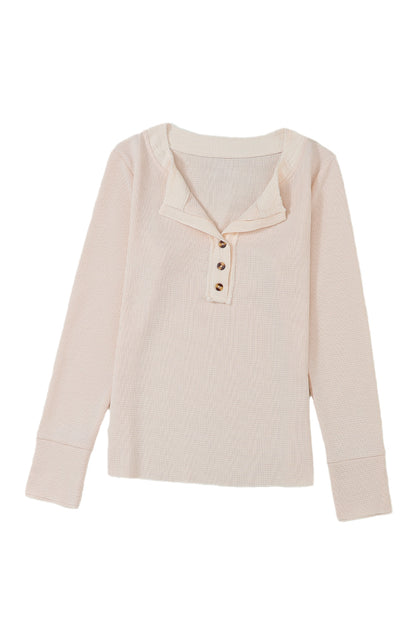 Beige wafelgebreide Henley-top met textuur